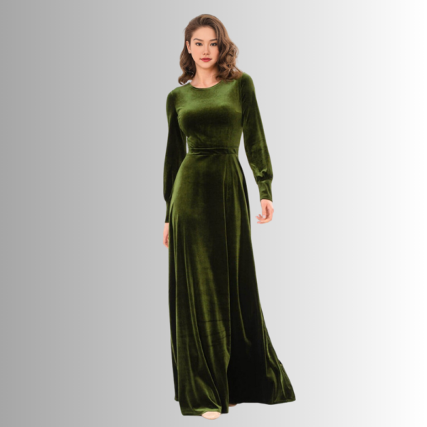 Beautiful Olive Green Velvet Long Dress 0030