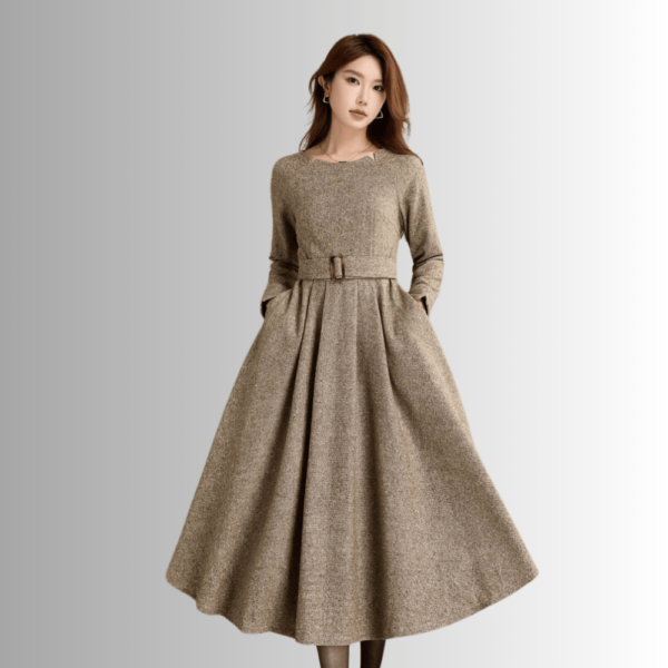 Emerald Knee Length Belted Winter Wool Dress 0042